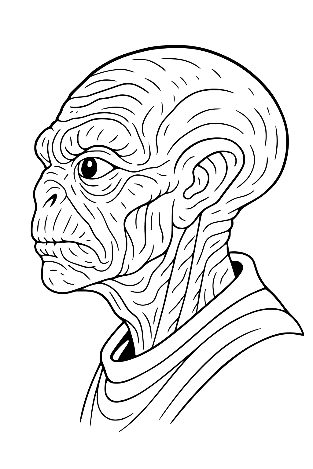 Profile of a wrinkled alien with large eye and high collar, looking left, detailed line art with skin folds and a big ear.