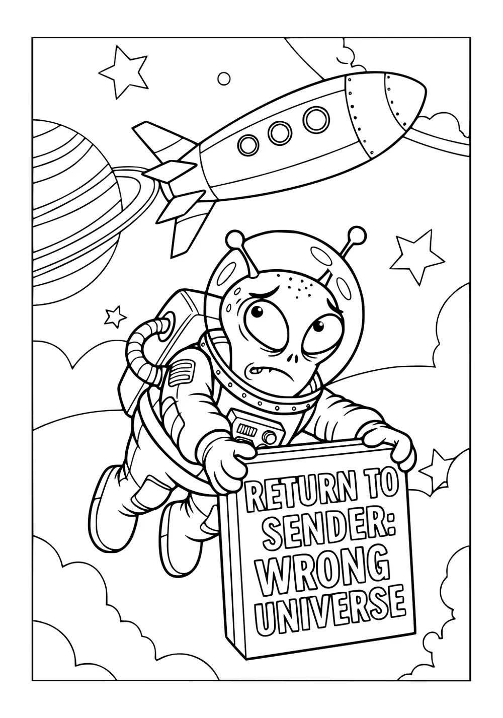 Alien in spacesuit floats with box labeled RETURN TO SENDER: WRONG UNIVERSE; rocket, ringed planet, stars, and clouds around.