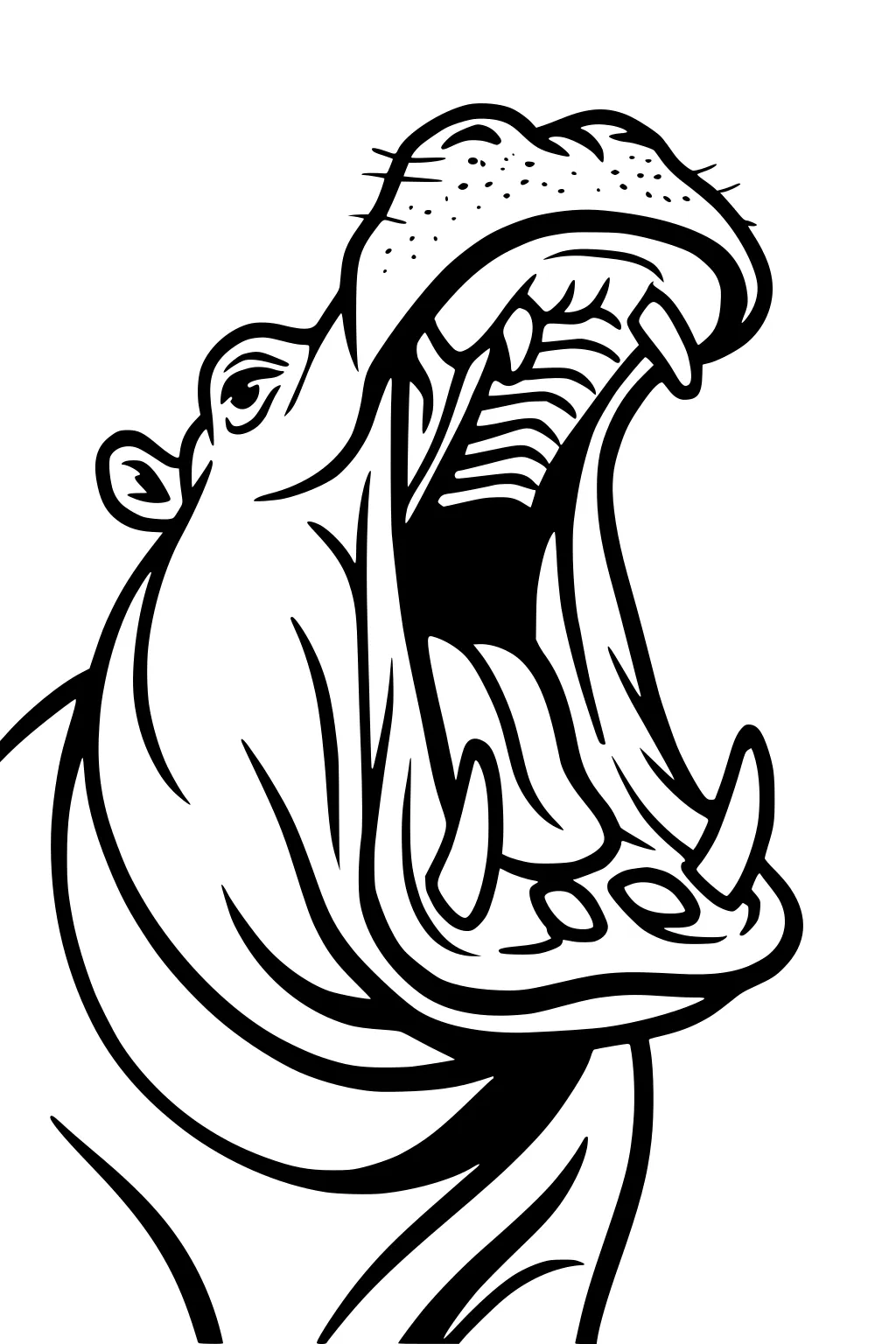 Line drawing of a hippopotamus with mouth wide open showing large teeth and tongue, head in side profile.