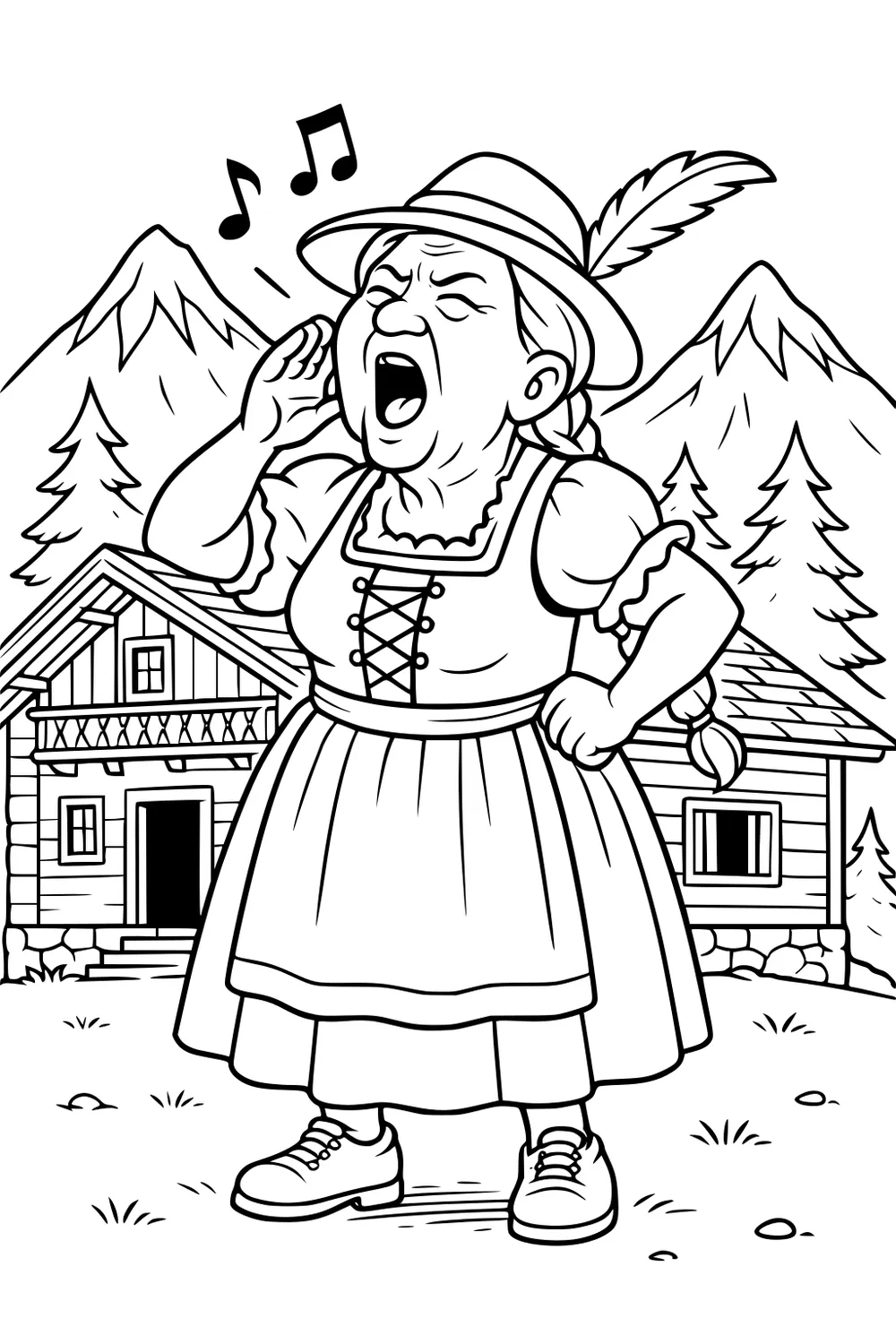 Elderly grandmother yodeling in alpine dress near two log cabins, feathered hat, hand to mouth, music notes, pine trees, mountain peaks.