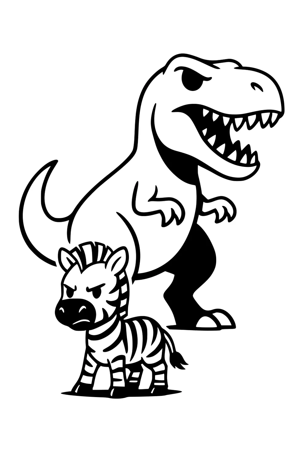 Cartoon zebra with stripes frowns in front of a large T-rex with open mouth and sharp teeth; bold outlines on a plain white background.