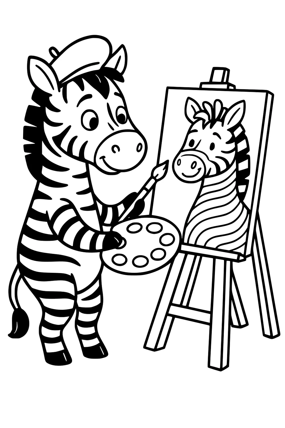 Cartoon zebra in a beret painting a zebra portrait on an easel, holding a palette and brush with bold stripes and open background.