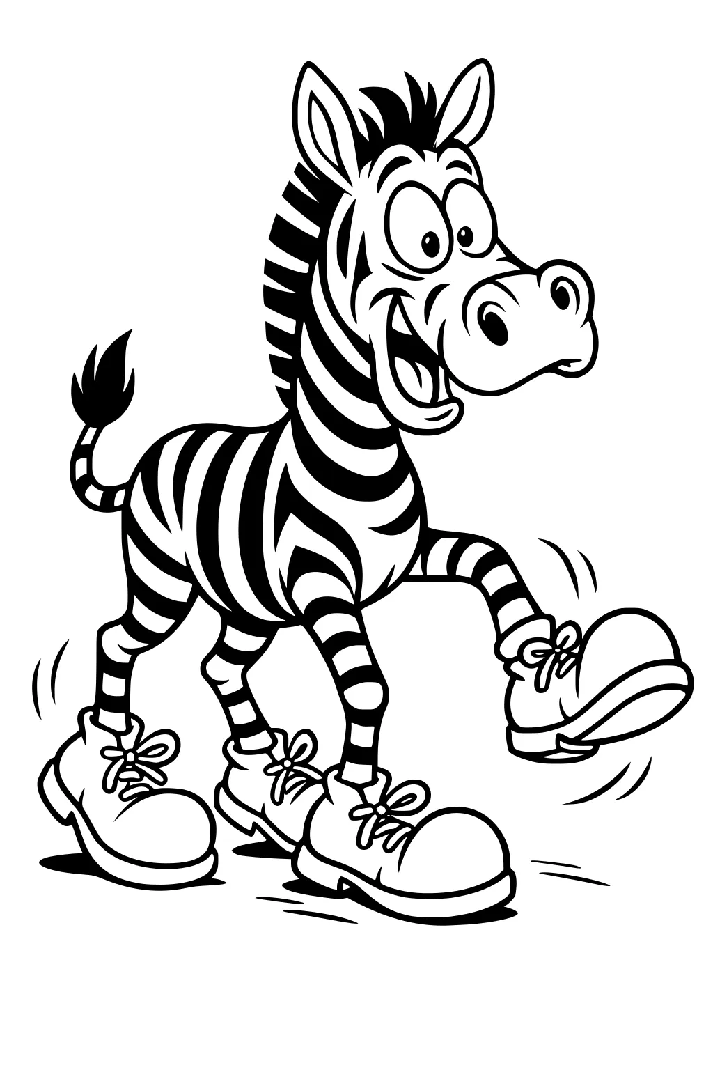 Smiling cartoon zebra with bold stripes trotting in big lace-up shoes, tail lifted, with motion lines on a blank background.