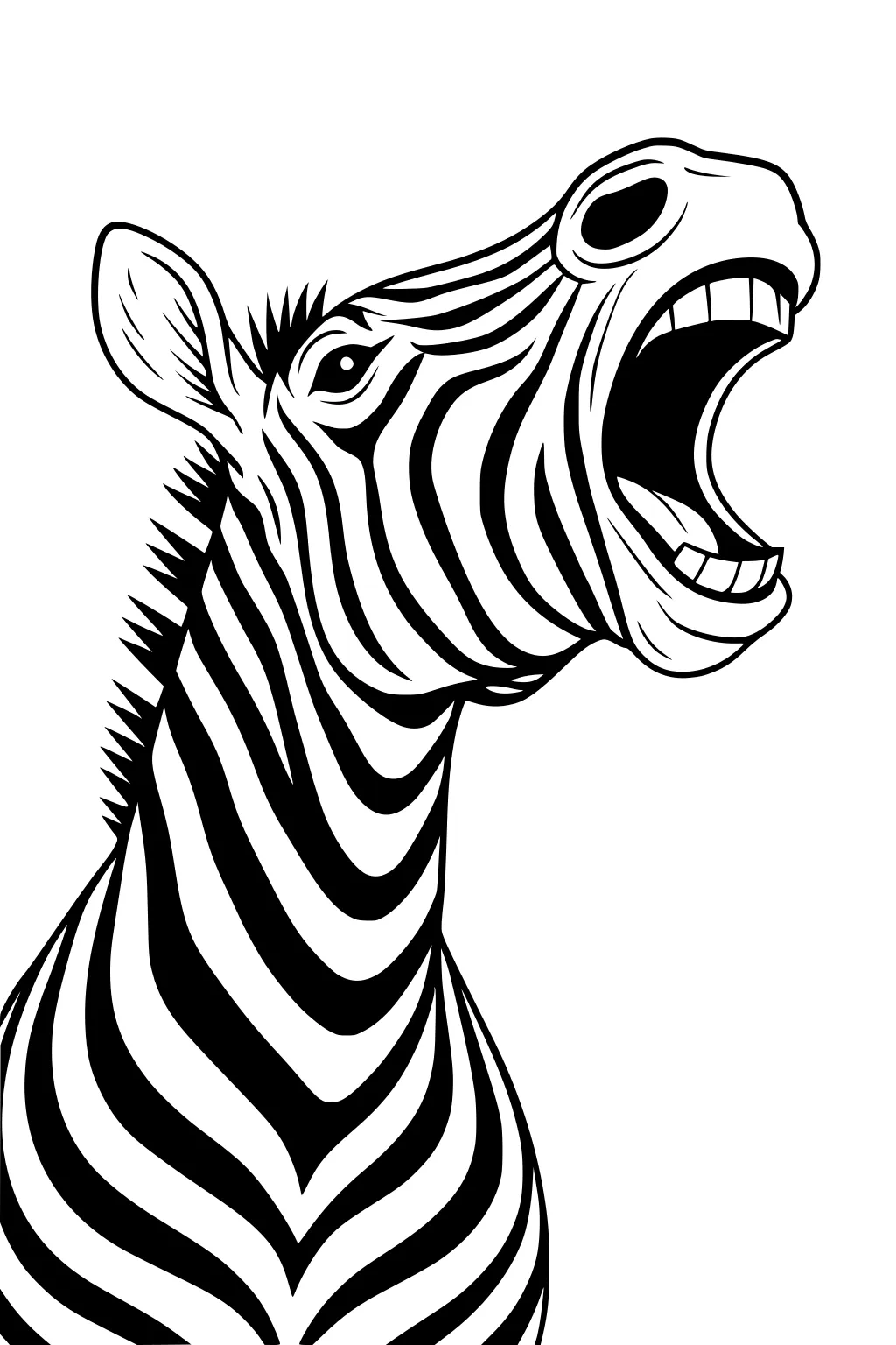 Side view of zebra head and neck, mouth open wide with teeth, bold stripes, spiky mane and upright ear on a white background.
