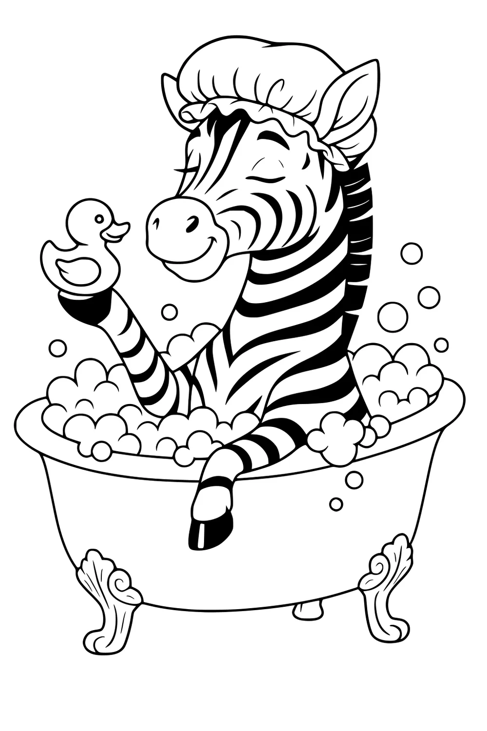 Smiling zebra in a bubble-filled clawfoot tub wears a shower cap and holds a rubber duck, with stripes and floating bubbles.