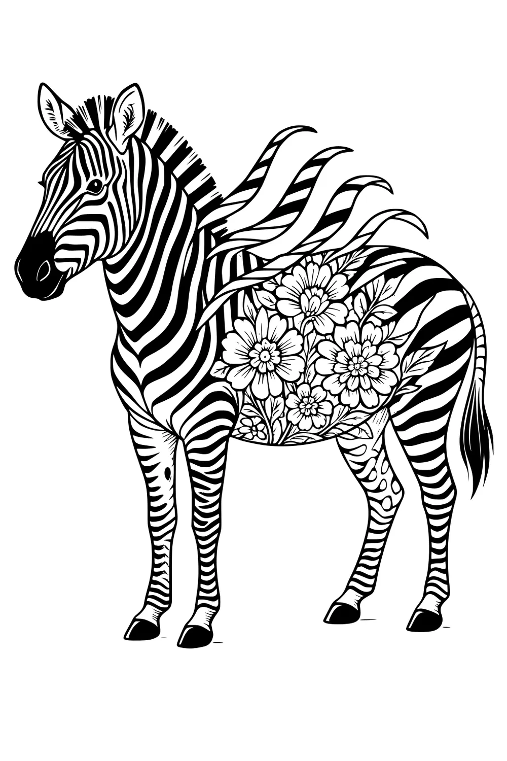 Zebra with bold stripes and a belly patch of flowers and leaves, standing in profile on a blank background.