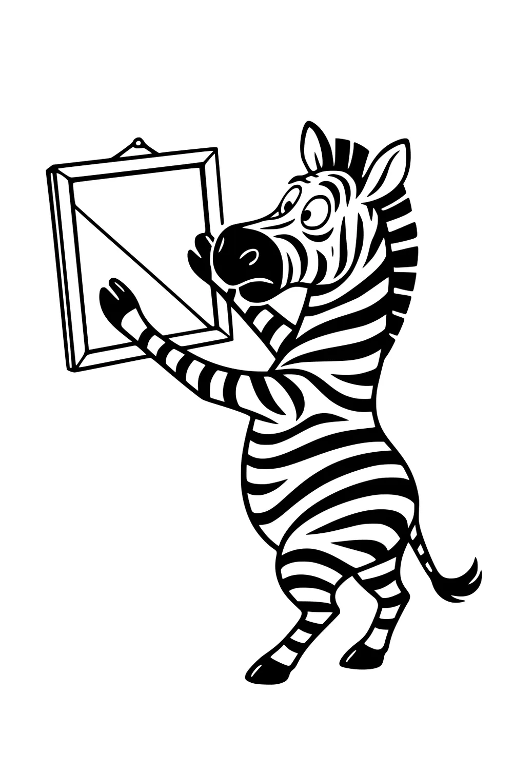 Cartoon zebra on hind legs holding a square picture frame, stripes visible, ears up and tail tufted, blank background.