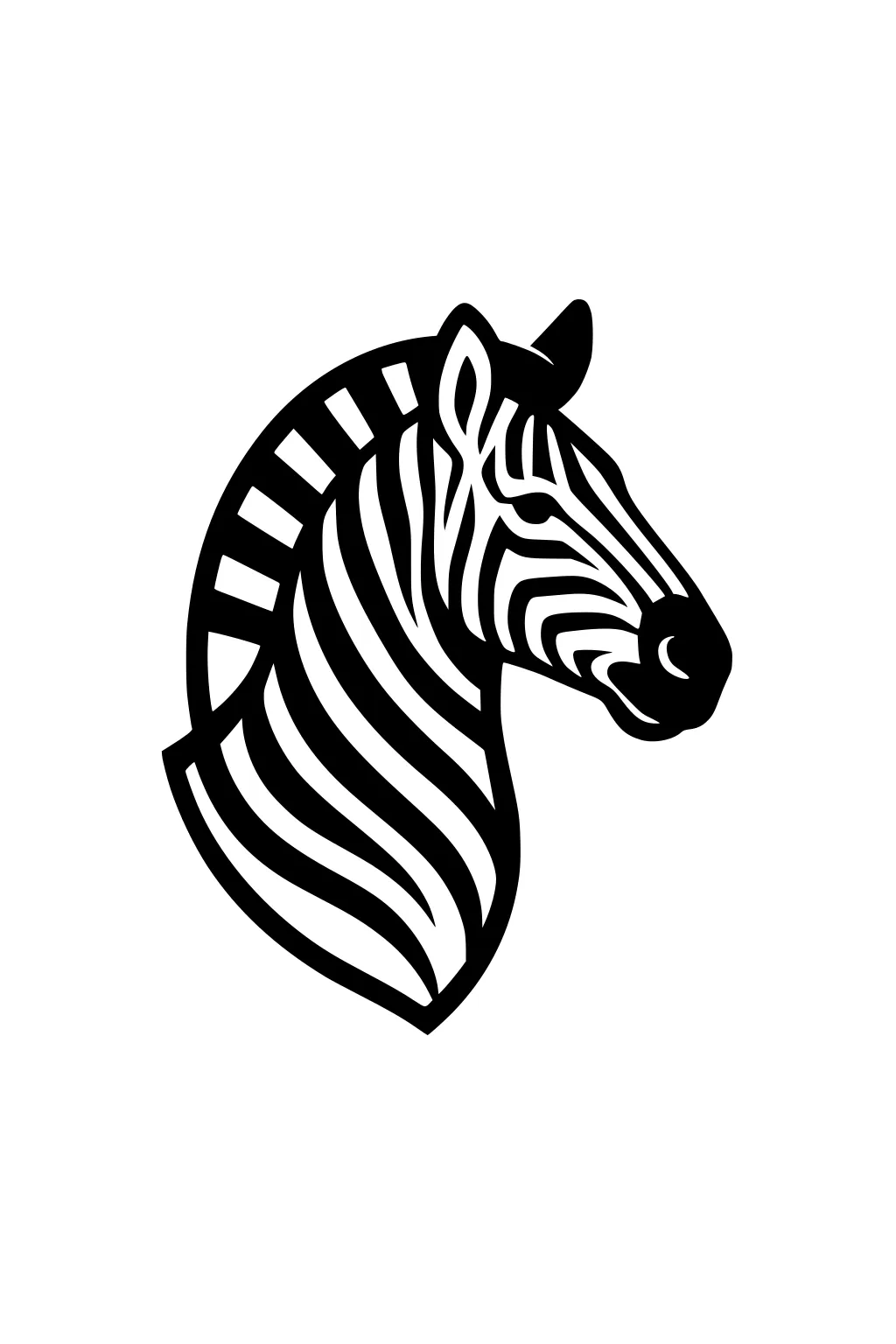 Stylized zebra head in profile with bold black stripes and a blocky mane, facing right on a plain white background.