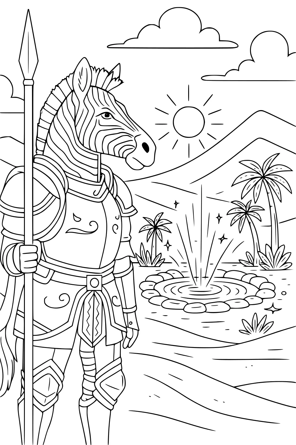 Zebra knight holding a spear by a stone-ringed oasis fountain with palm trees, mountains, bright sun, and puffy clouds.