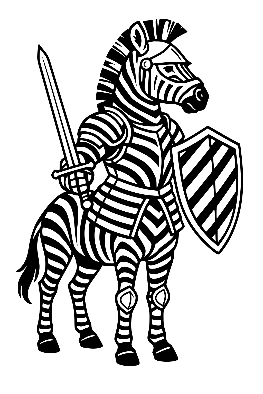 Zebra knight in armor holds a sword and striped shield, visor over eyes, standing on four legs with bold black stripes.
