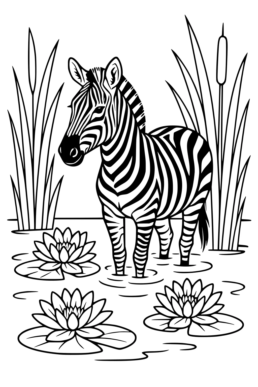 Zebra with stripes standing in shallow pond water, surrounded by reeds and cattails, with four blooming water lilies and ripples.