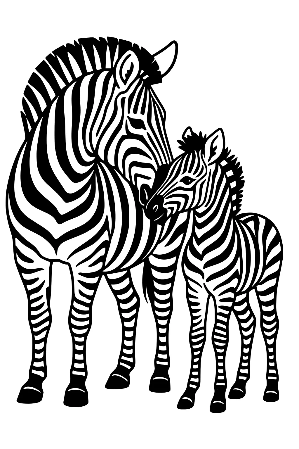 Adult zebra nuzzling a foal, bold black stripes, upright manes, both standing close on a blank background.
