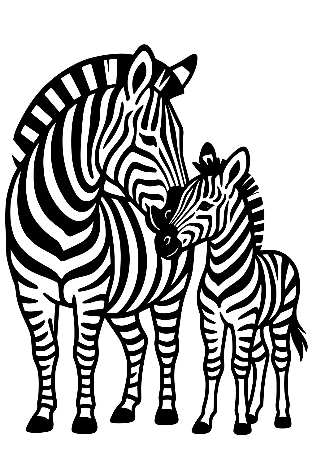 Mother zebra touches noses with her foal, bold black stripes, standing close together on a plain white background.