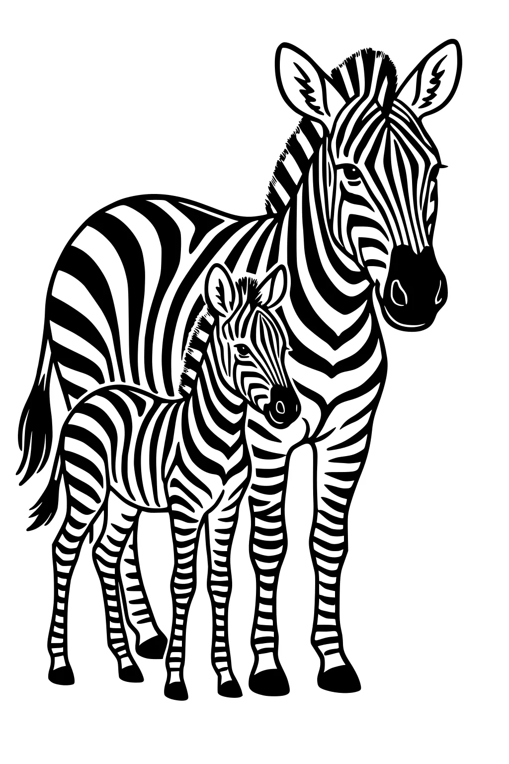 Adult zebra and foal standing close, facing forward. Bold stripes, dark muzzles and tufted tails on a plain white background.