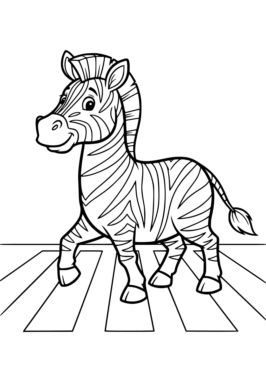 Smiling cartoon zebra with raised hoof standing on a striped crosswalk, bold curved stripes, tufted tail, simple blank background.