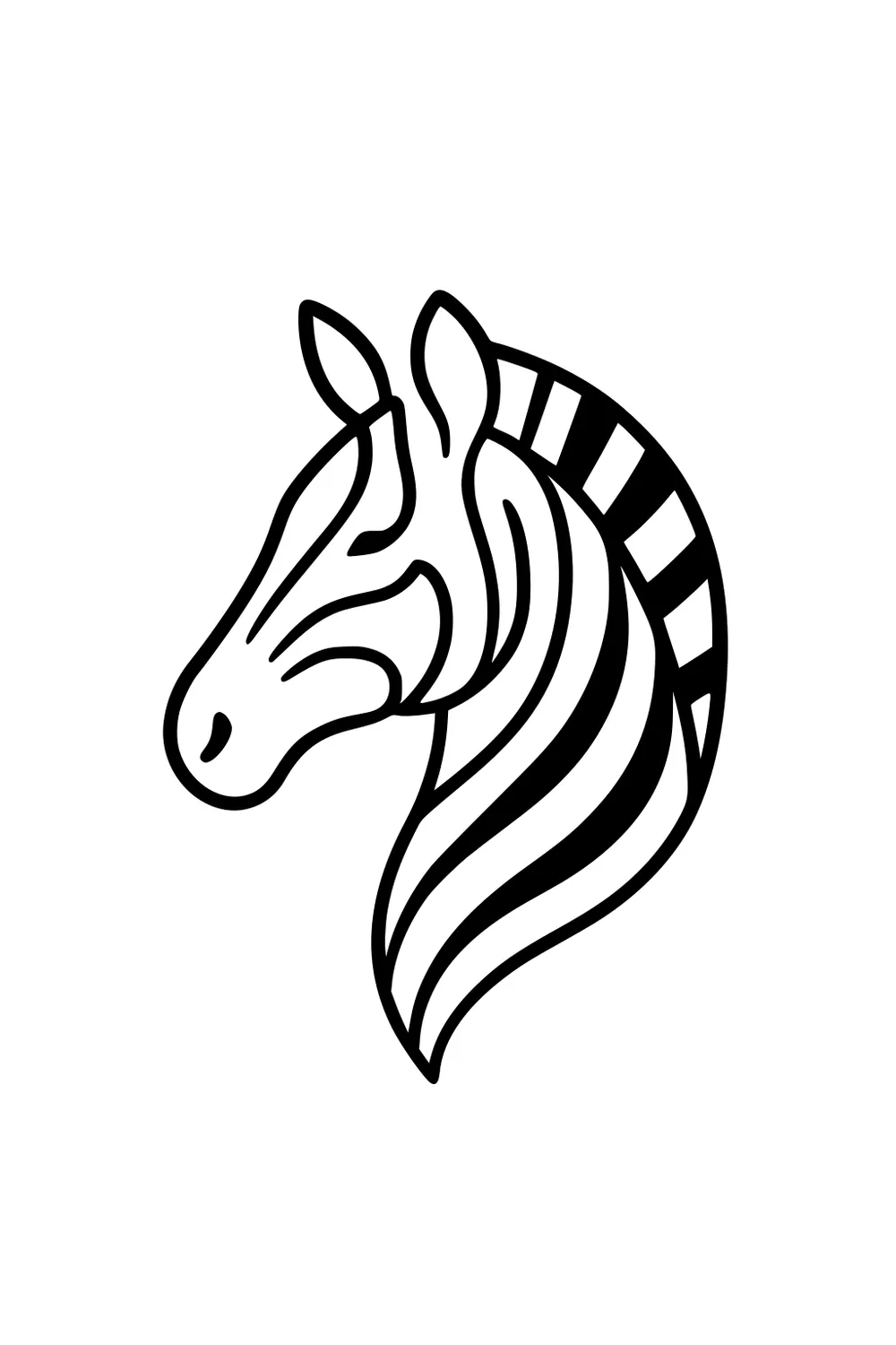 Zebra head in left profile with bold curved neck stripes and a short blocky mane, outlined in black on a white background.