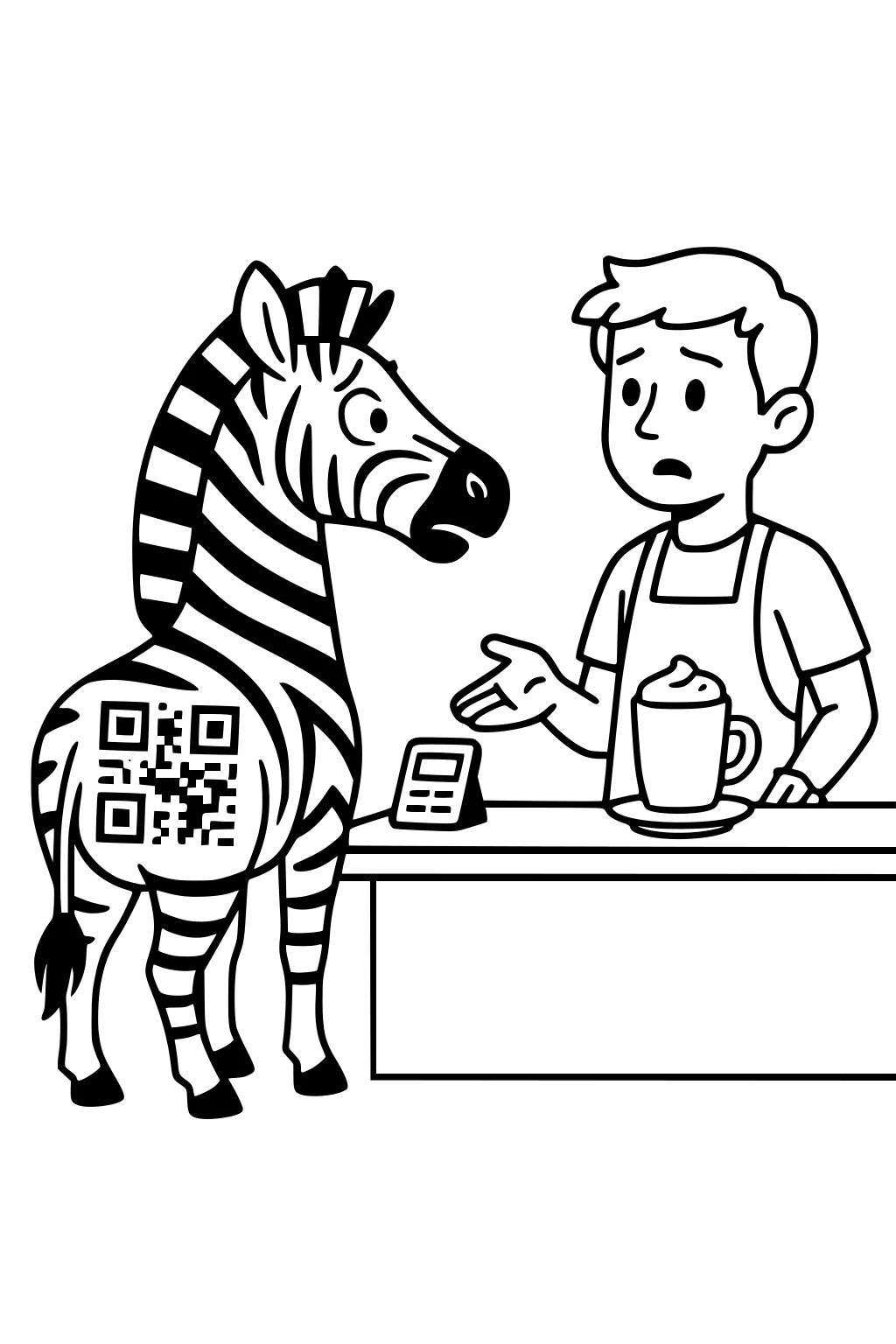 Cartoon zebra with QR code on his flank at a cafe counter beside a barista boy, card reader, and a foamy mug.