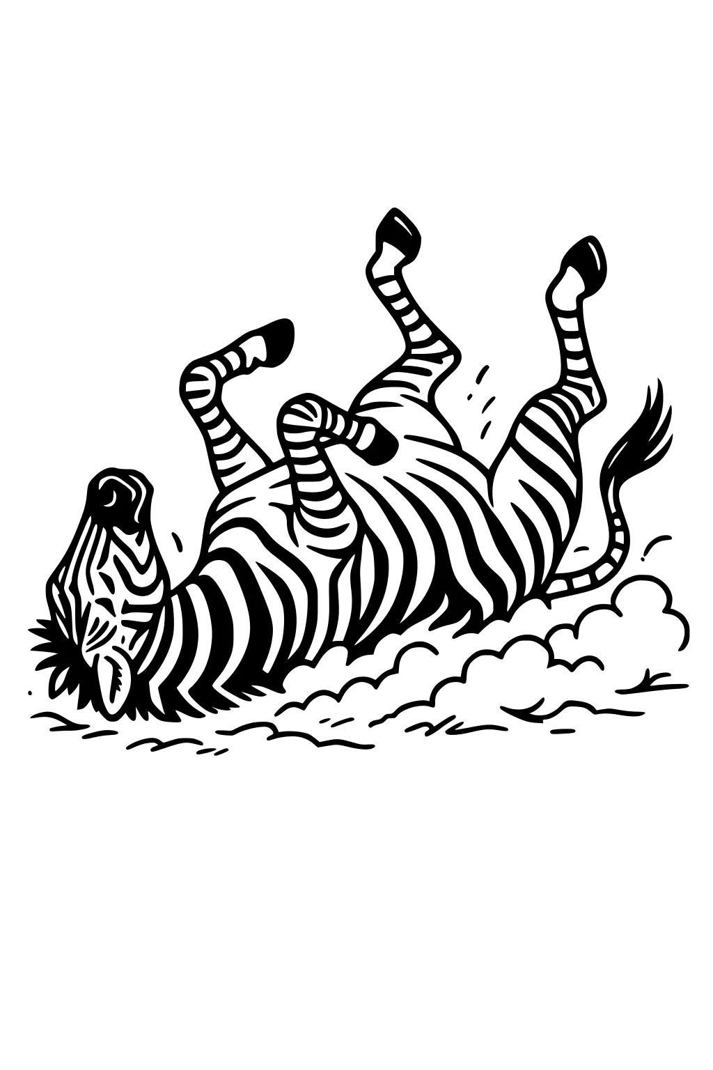 Playful zebra rolls on his back with legs up and tail flicking, puffs of dust around, bold stripes, simple white background.