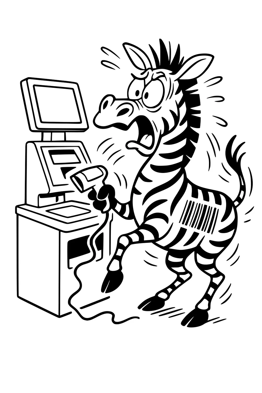 Cartoon zebra at a self-checkout holds a barcode scanner toward the barcode on his side, eyes wide, mouth open, tail and mane raised.