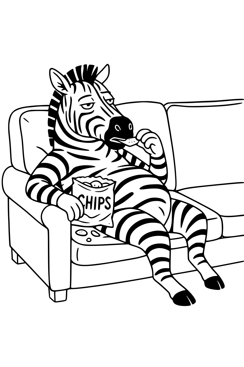 Cartoon zebra lounging on a sofa, eating from a CHIPS bag, crumbs on the cushion, relaxed eyes, bold stripes.