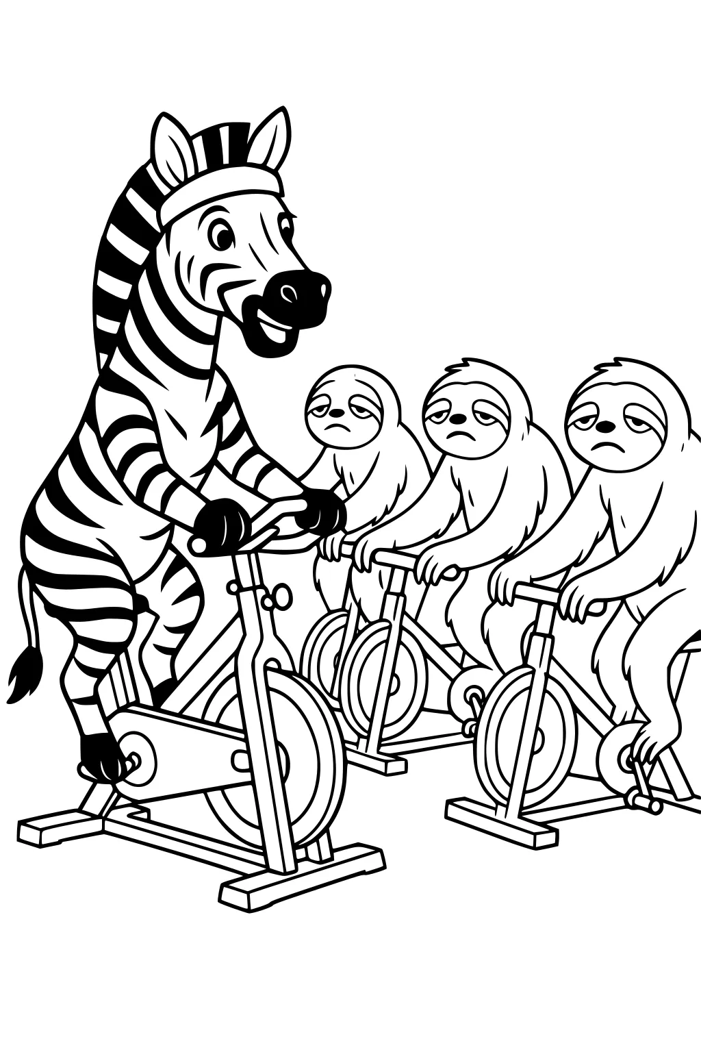 Zebra in a headband leads three sleepy sloths on exercise bikes, bold outlines and clear stripes in a simple gym scene.