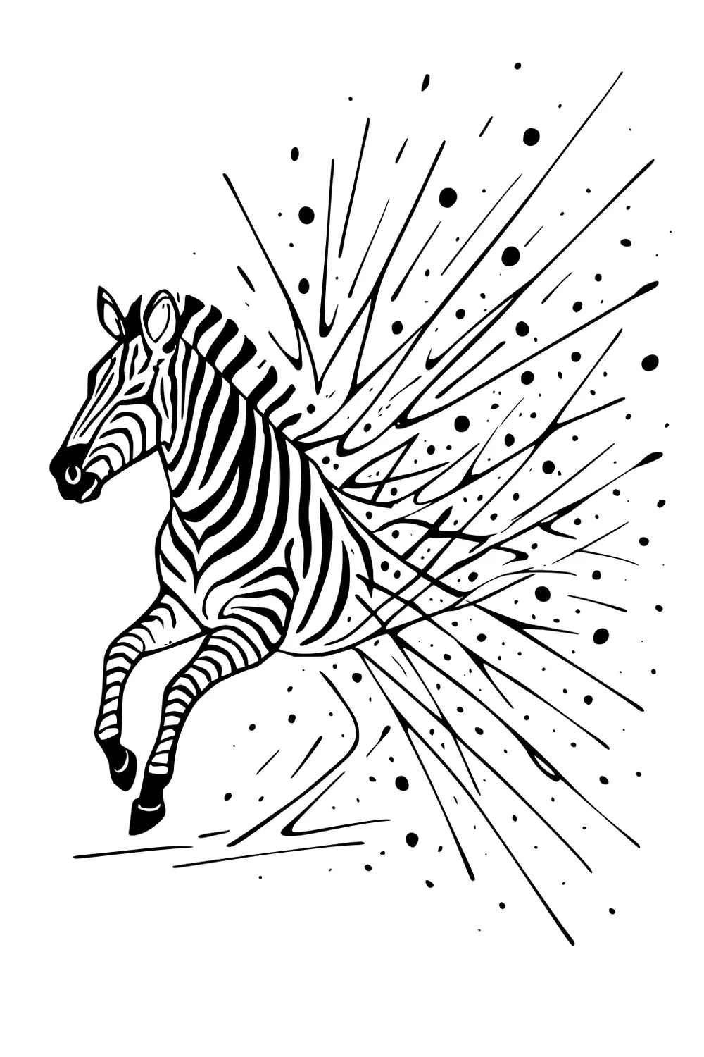 Leaping zebra with bold stripes and raised front legs, surrounded by splashy speed lines and dots on a plain background.