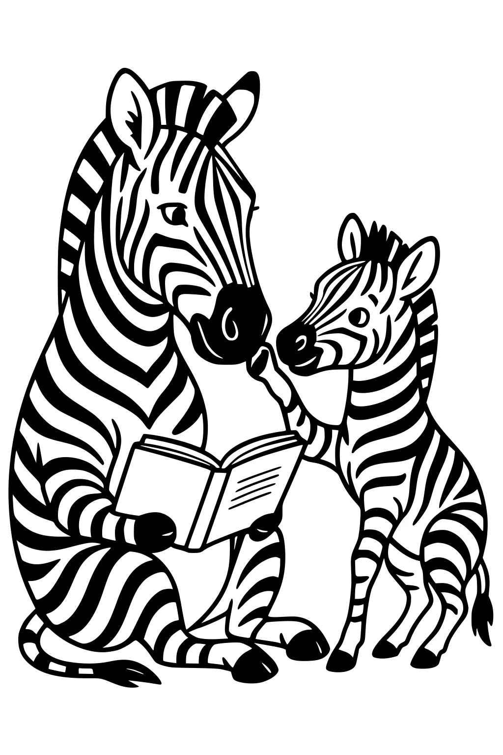 Mother zebra sits with a baby zebra, both striped, reading an open book; the baby touches her nose.