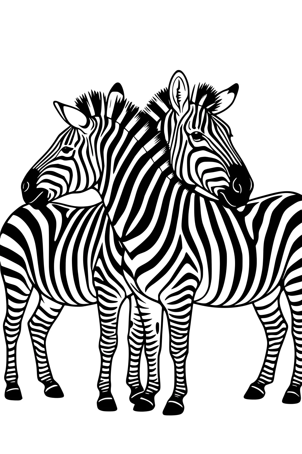 Two zebras stand close with interlocking stripes, heads turned opposite, ears up and legs side by side on a white background.