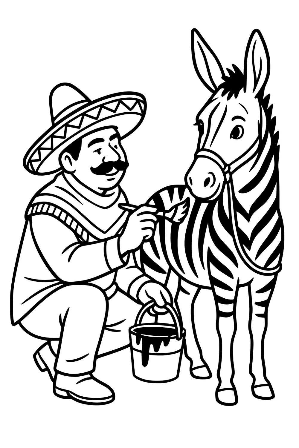 Man in a sombrero kneels and paints stripes on a calm zebra with a brush and bucket; zebra wears a halter and looks forward.