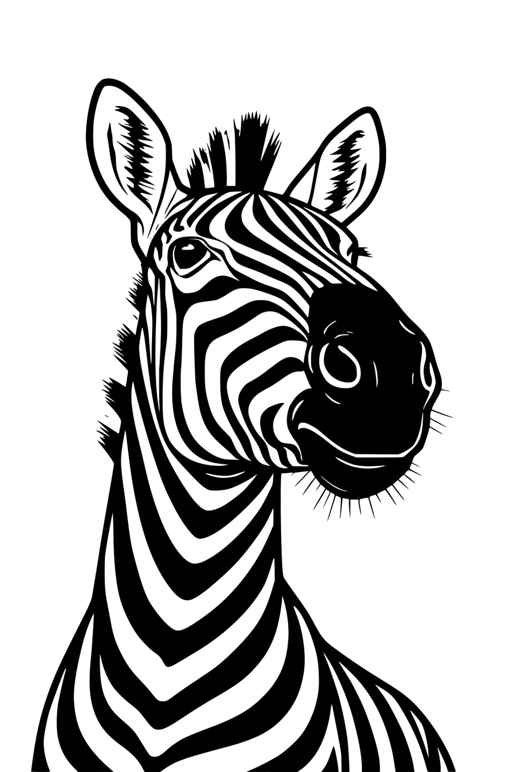 Zebra portrait with bold stripes, perked ears, spiky mane, and large muzzle facing forward on white background.