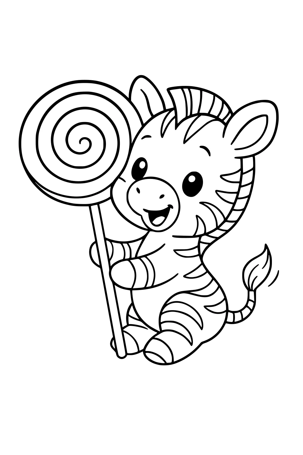 Cartoon baby zebra smiling and sitting while holding a giant swirled lollipop on a stick, with bold stripes and no background.