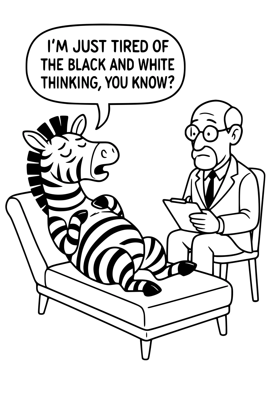Cartoon zebra on a therapy couch speaking while an older male therapist with glasses and a clipboard listens from a chair.