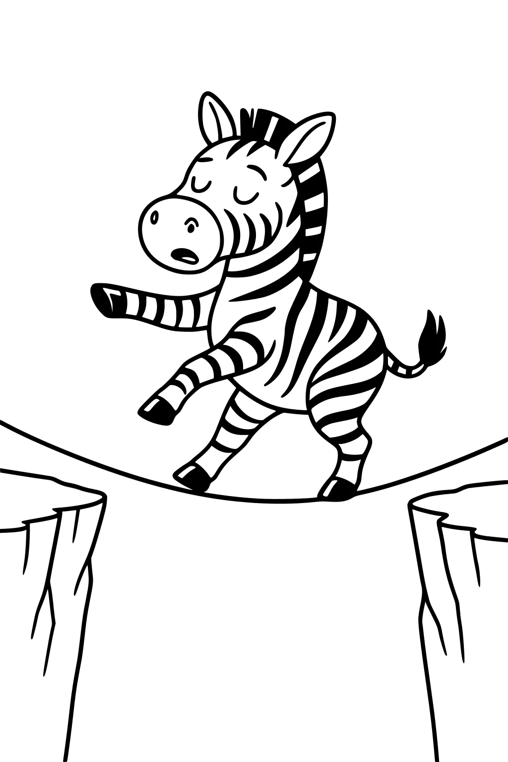Cartoon zebra with closed eyes on a tightrope between two rocky cliffs, one hoof raised, striped body, small tufted tail.