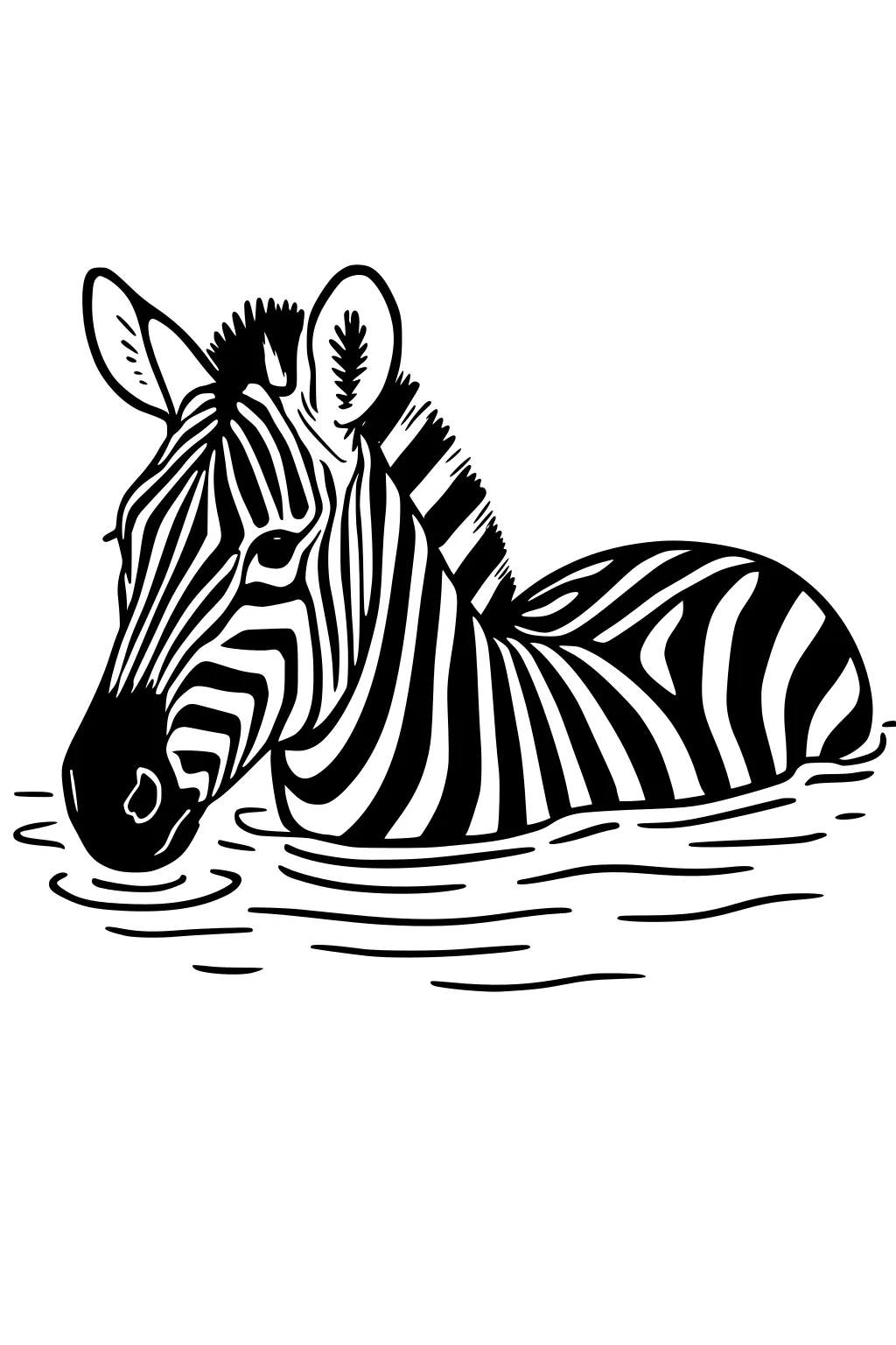 Zebra wading in shallow water with ripples, head and neck above surface, striped body visible, ears up, short bristly mane.