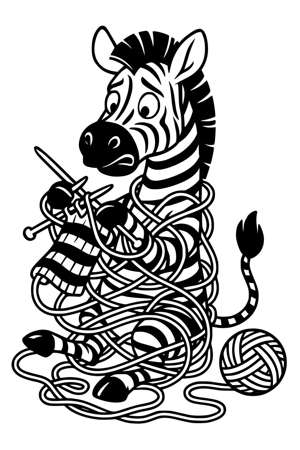 Cartoon zebra knitting a striped scarf, tangled in yarn, sitting with needles and a yarn ball near his hooves.