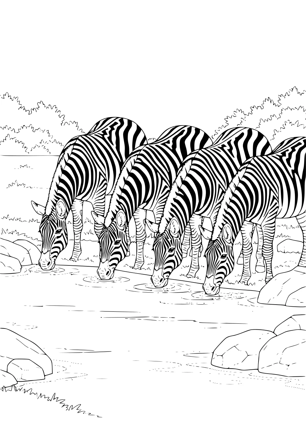 Four zebras drink at a shallow pool, heads down, stripes mirrored in the water with ripples.