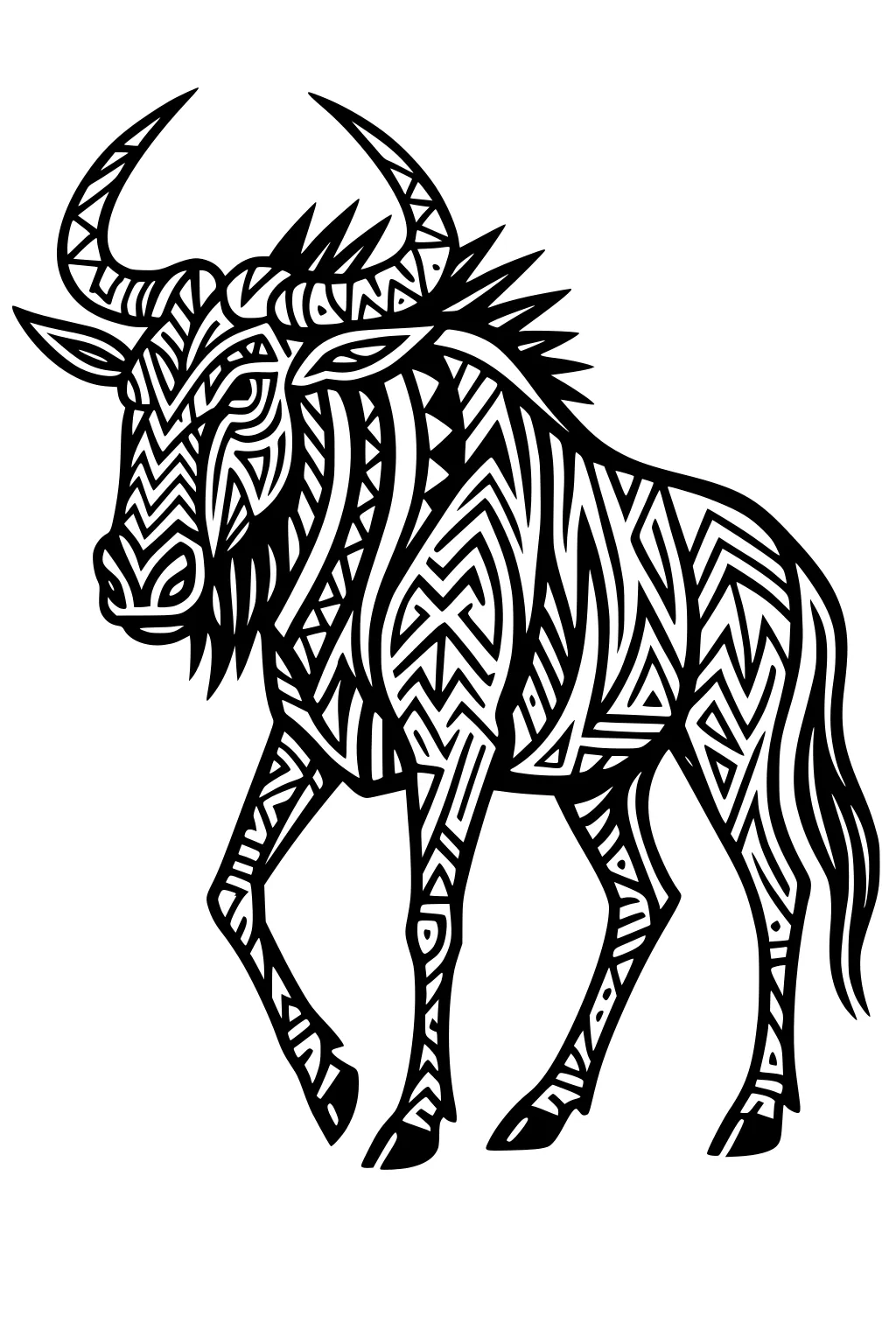 Stylized wildebeest walking with bold black geometric patterns, curved horns, shaggy mane, lifted leg, and tail on a plain white background.