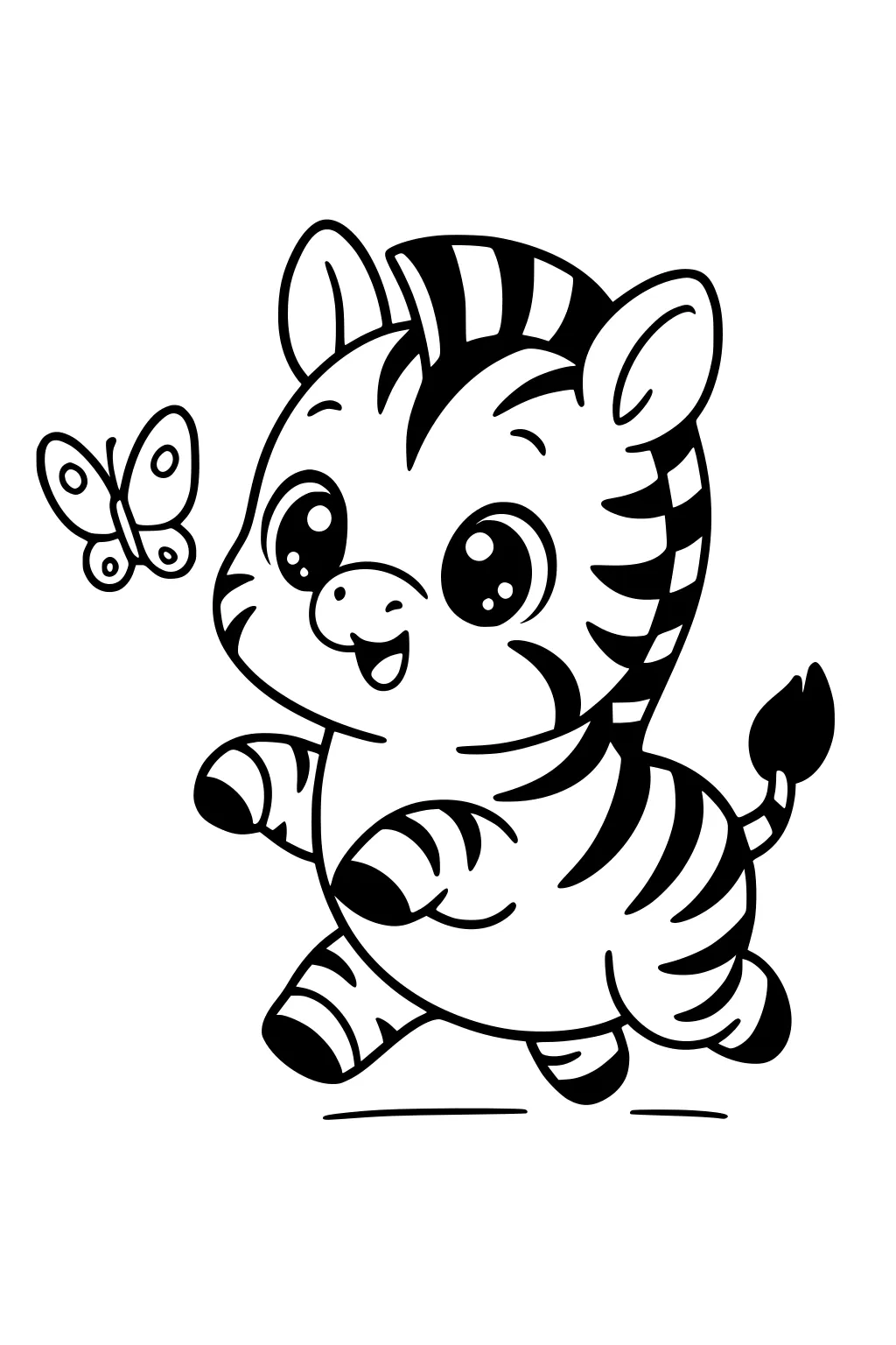 Chubby baby zebra with bold stripes trotting toward a small butterfly; big eyes, perked ears, tufted tail on a plain background.