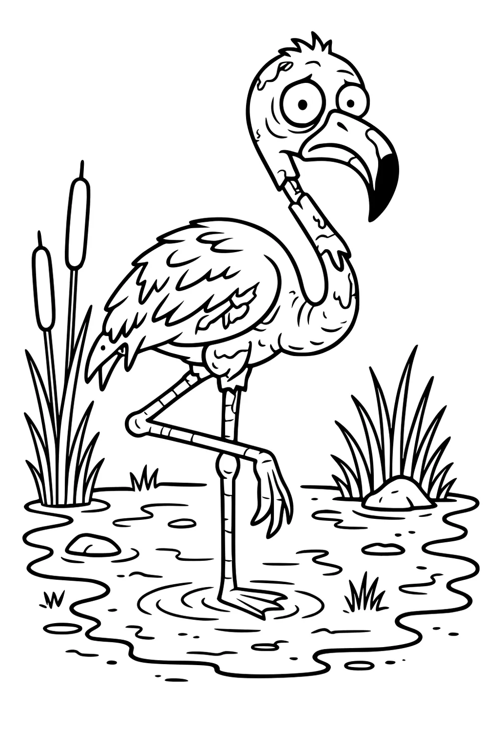 Cartoon zombie flamingo standing on one leg in a swamp with cattails, rocks, and water ripples, big eyes and ragged feathers.