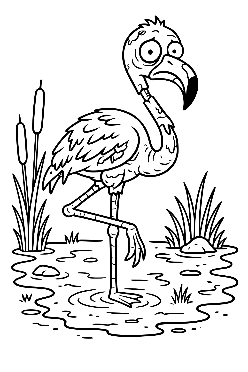 Cartoon zombie flamingo standing on one leg in a swamp with cattails, rocks, and water ripples, big eyes and ragged feathers.