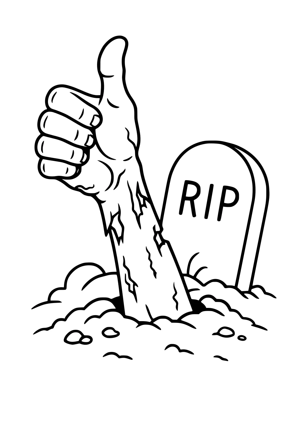Cartoon zombie hand giving a thumbs-up from a grave mound, with a rounded RIP tombstone and small rocks in the dirt.