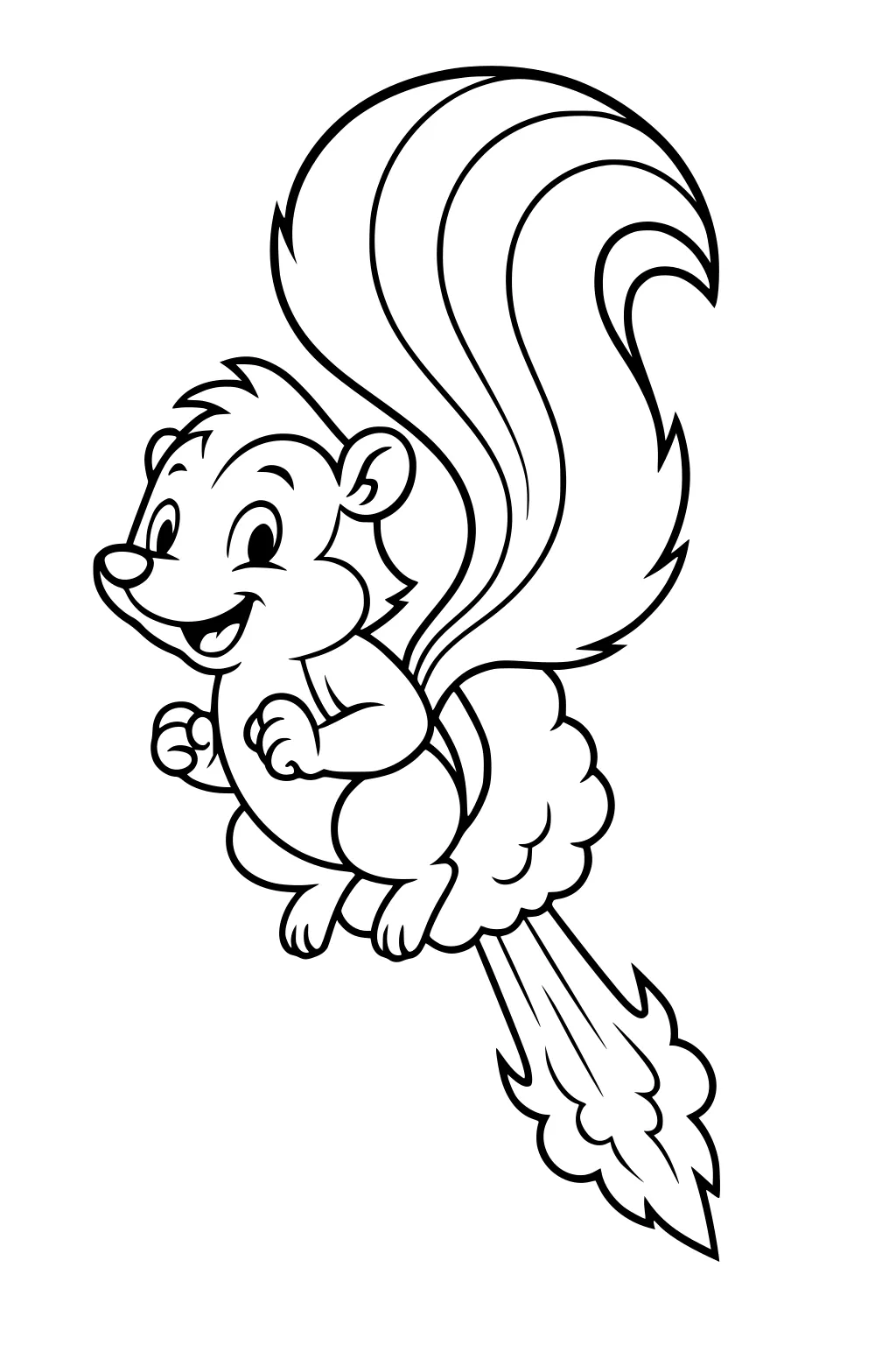 Cartoon skunk flying with a big striped tail and clouds coming from behind.