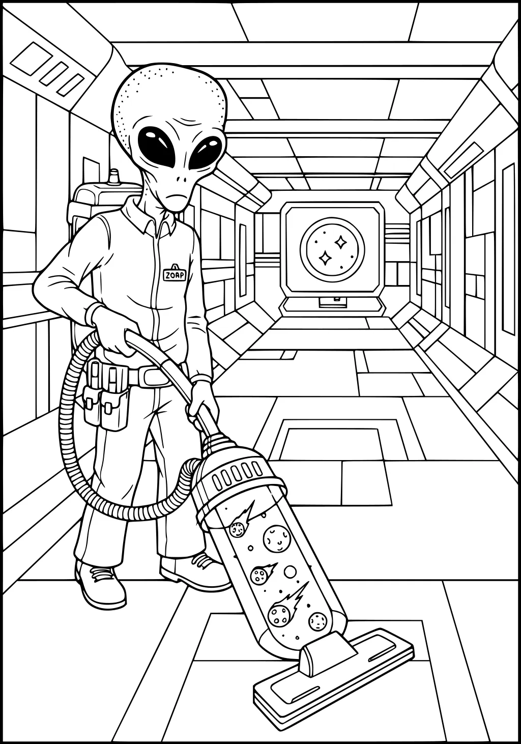 Alien janitor Zorp vacuums a spaceship hall; canister holds tiny planets and comets; panel walls with a round star window.