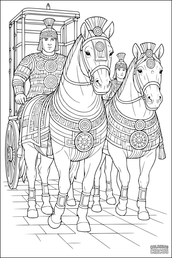 Coloring page showing two detailed horses in armor pulling an ancient chariot with warriors