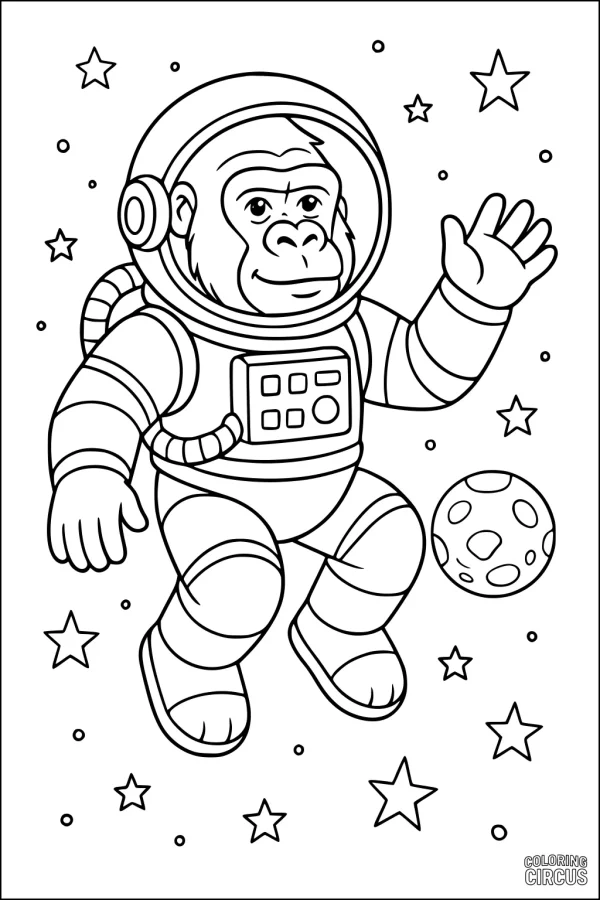 Coloring page featuring a cartoon gorilla in an astronaut suit floating in space with stars and a moon.