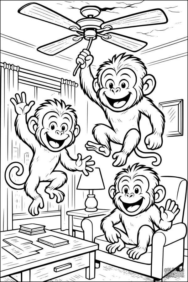 Coloring page with three cartoon baboons playing in a living room