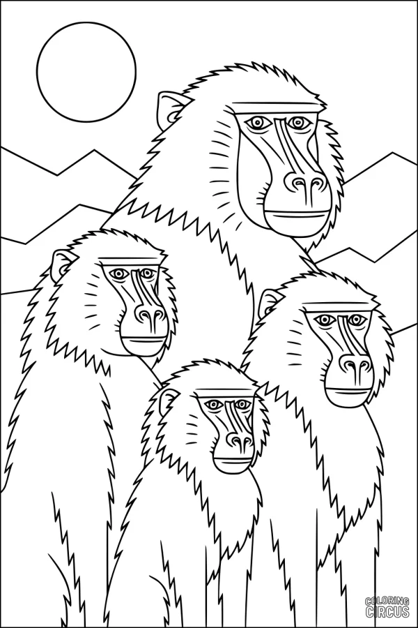 Coloring page showing four baboons standing together with mountains and a rising sun in the background