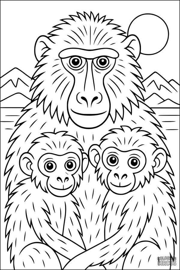Coloring page showing a baboon family with a parent and two young baboons sitting in front of mountains and a sun