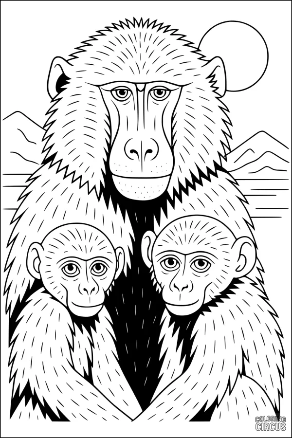 Coloring page with baboon family cuddling in front of mountains and sunrise
