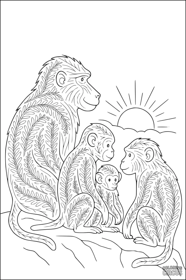 Coloring page showing a family of four baboons with leaf patterns on their fur sitting on a rock at sunrise